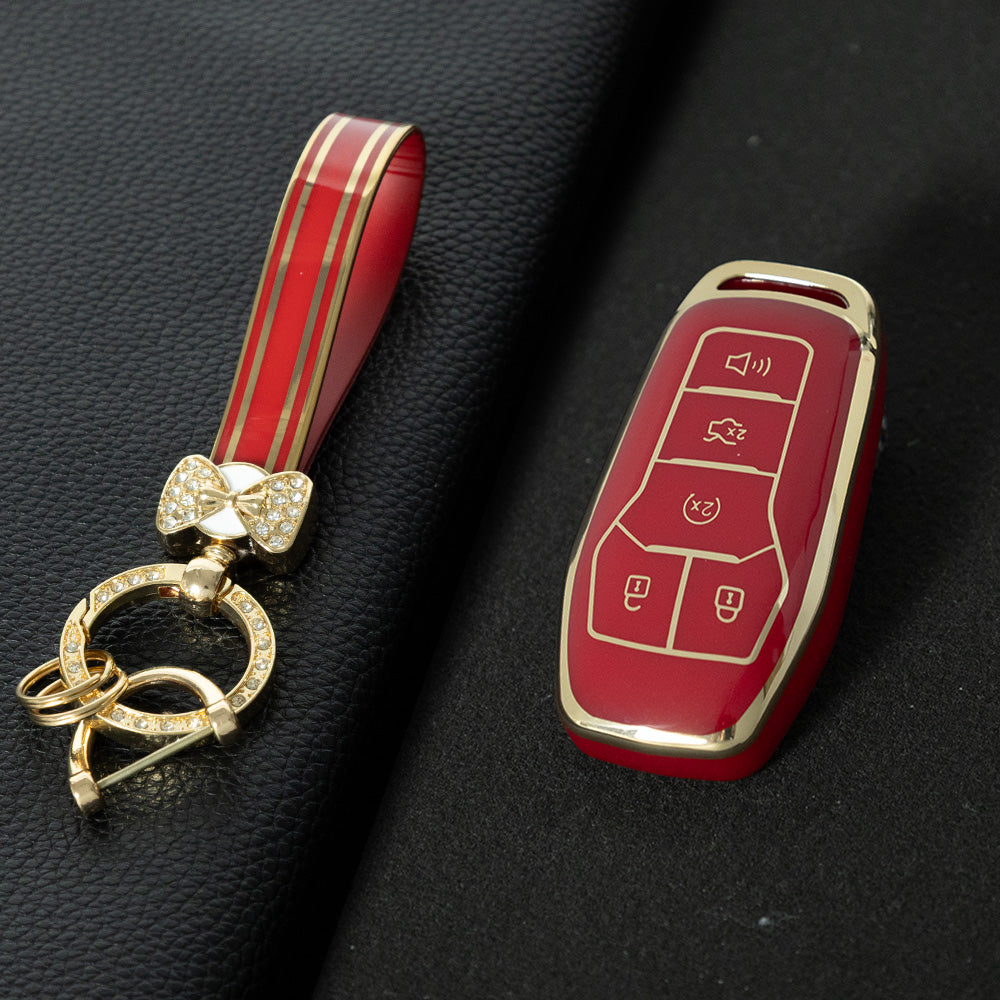 FOC2T1 Red-Gold Plating Soft Tpu Car Key Case Fob Cover for Ford Fusion Mondeo Mustang F-150 Explorer Edge 2015 2016 2017 2018 Car Accessories