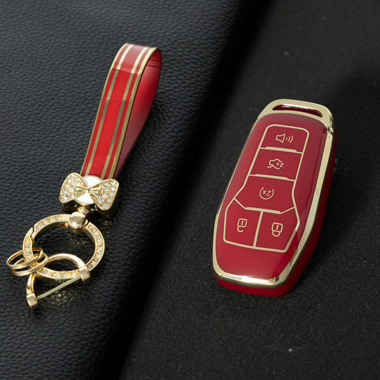 FOC2T1 Red-Gold Plating Soft Tpu Car Key Case Fob Cover for Ford Fusion Mondeo Mustang F-150 Explorer Edge 2015 2016 2017 2018 Car Accessories
