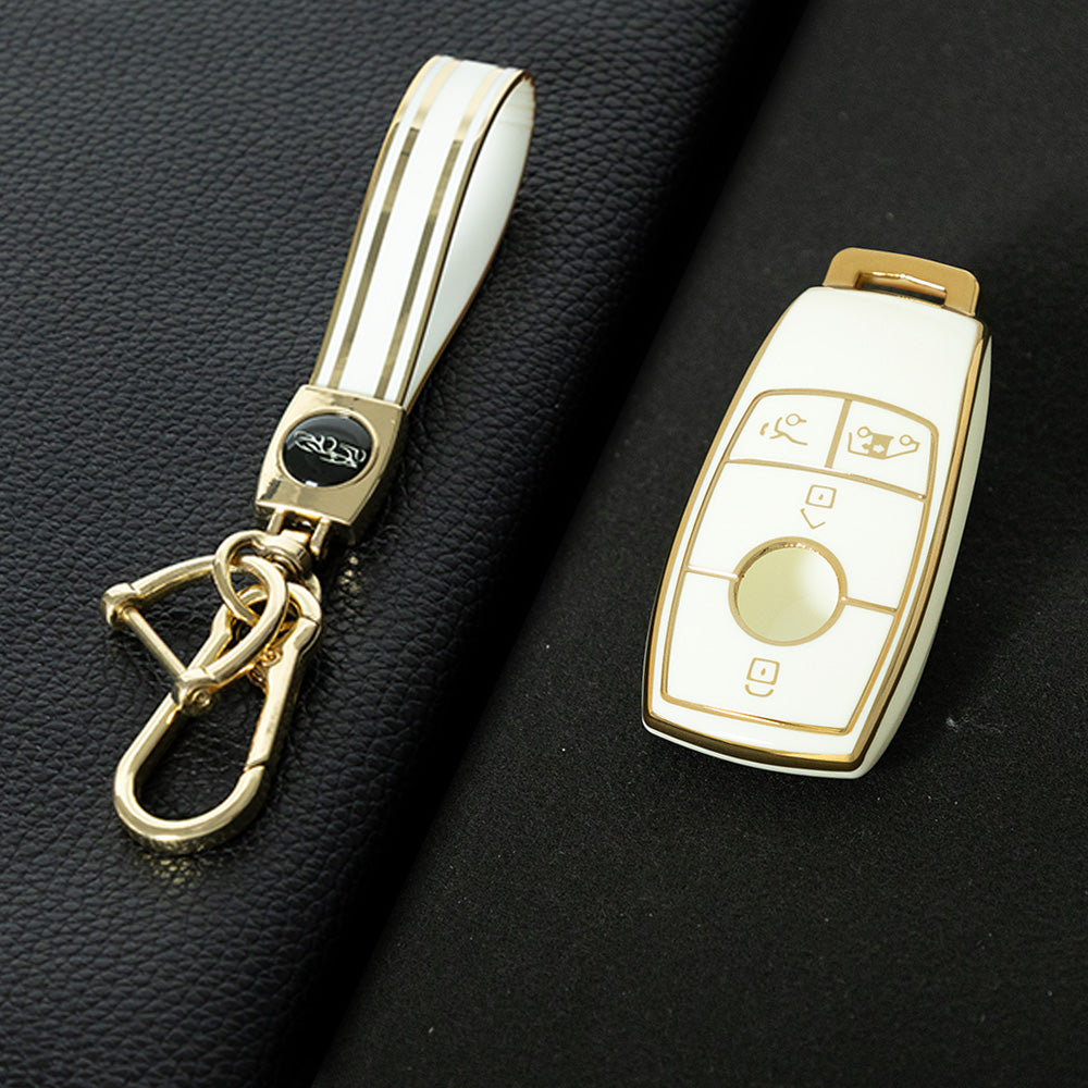 MEB3T1 White-Gold Plating Mercedes-Benz New Euro/C200L/GLC260L Car Key Cover TPU Protection Buckle Case for E-Class E300L Waterproof Fashion Model