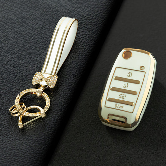 KIE2T1 White-Gold Plating Golden Line TPU Key Case Cover for Rio 3 K2 Ceed Cerato K3 Sportage 4 Picanto K5 Optima Sorento Forte Stinger 2017 2018