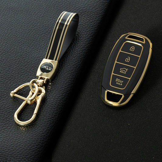 HYS1T1 Black-Gold Plating TPU Car Key Fob Case Key Fob Cover Keychain For Hyundai I30 Ix35 KONA Encino Solaris Azera Grandeur Ig Accent Santa Fe Palisade
