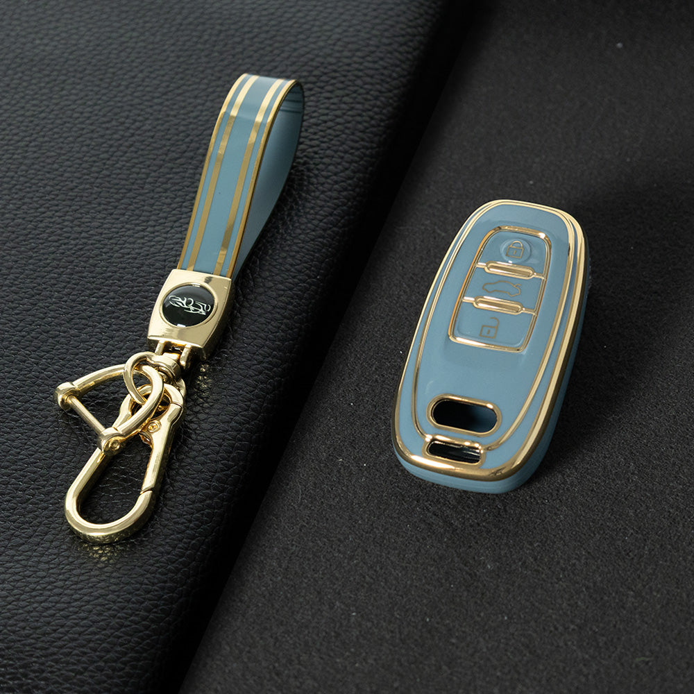 AUB1T1 Granny Grey-Gold Plating Car Key Cover Silver Trim Full-Coverage TPU Key Cover for Audi A6L/A7/A8/A3/A5/Q5/S6 - Anti-Scratch Protective Case