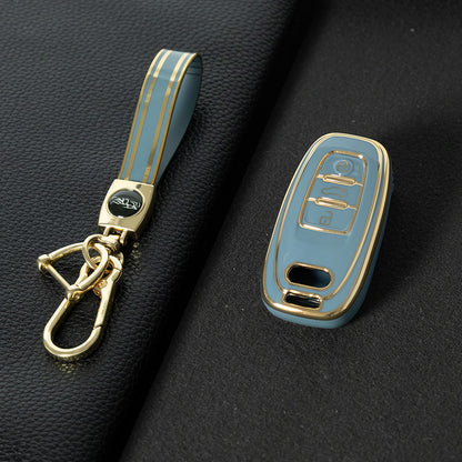 AUB1T1 Granny Grey-Gold Plating Car Key Cover Silver Trim Full-Coverage TPU Key Cover for Audi A6L/A7/A8/A3/A5/Q5/S6 - Anti-Scratch Protective Case