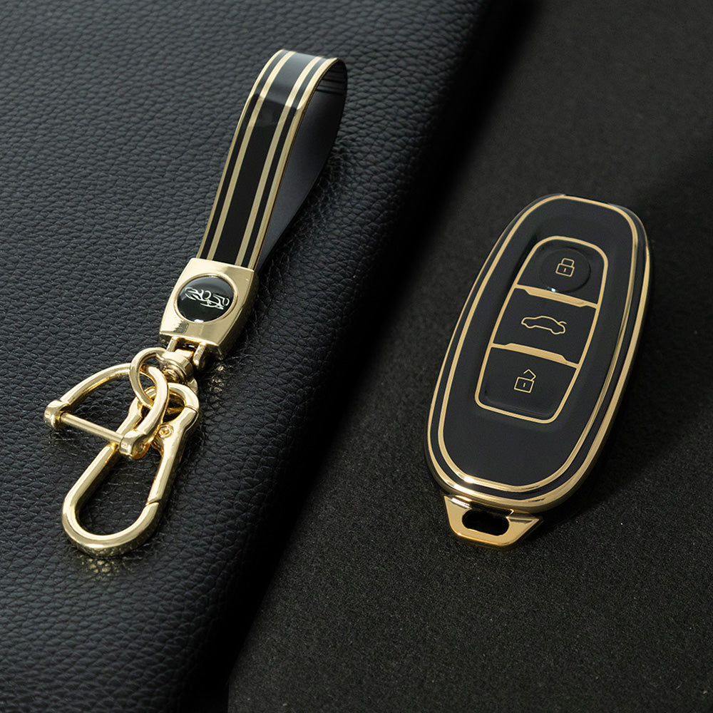 HNC1T1 Black-Gold Plating Soft TPU Car Key Case Cover Shell for Hongqi BESTURN B50 B70 E-HS3 H5 H7 Saloon H9 HQ3 HS5 HS7 SHENGSHI Key Rings Keychain Bag