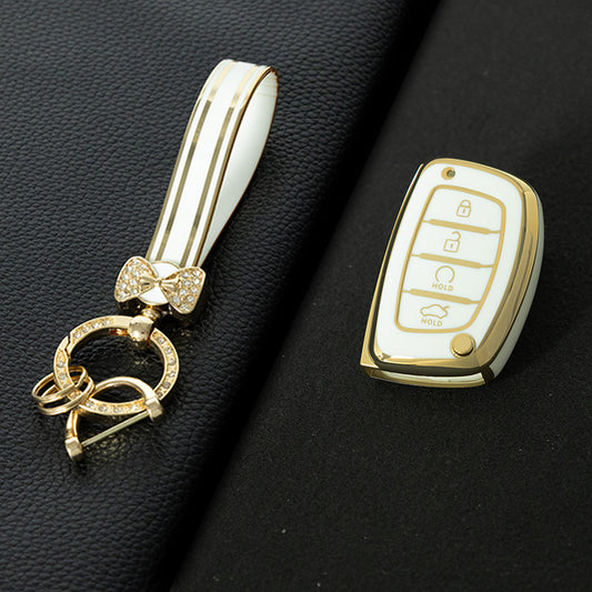 HYD4T1 White-Gold Plating TPU Car Key Case Cover for Hyundai Ix25 Ix35 I10 I20 Solaris Tucson Sonata Santa Fe Sport Elantra Creta Verna
