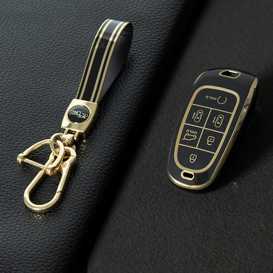 HYE9T1 Black-Gold Plating TPU Car Key Case Cover for Hyundai Santa Fe Tucson 2022 NEXO NX4 Atos Prime Solaris 2021