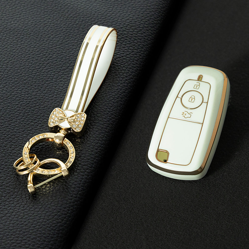 FOB1T1 White-Gold Plating TPU Car Key Case Cover Holder for Ford Fusion Edge Mustang Explorer F150 F250 F350