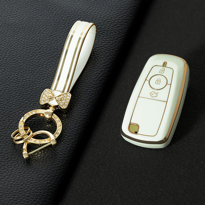 FOB1T1 White-Gold Plating TPU Car Key Case Cover Holder for Ford Fusion Edge Mustang Explorer F150 F250 F350