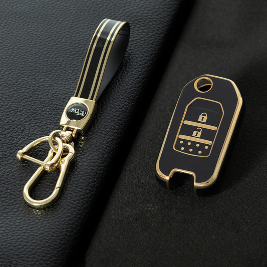 HOC2T1 Black-Gold Plating Car Key Cover For Honda Accord Civic CR-V HR-V HRV Crider Jade Odyssey Car TPU Folding Key Cover Bag Case Shell Holder Protector 2 Buttons