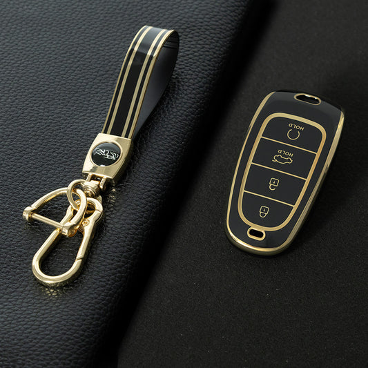 HYE2T1 Black-Gold Plating New Fashion TPU Car Key Case Fob Remote Cover Shell Holder for Hyundai Santa Fe Tucson 2022 NEXO NX4 Atos Prime Solaris 2021