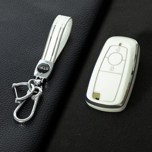 FOB2T1 White-Silver Plating TPU Car Key Cover Fob Fit for Ford F-150 F-250 F-350 Ecosport Edge Explorer Fusion Mustang