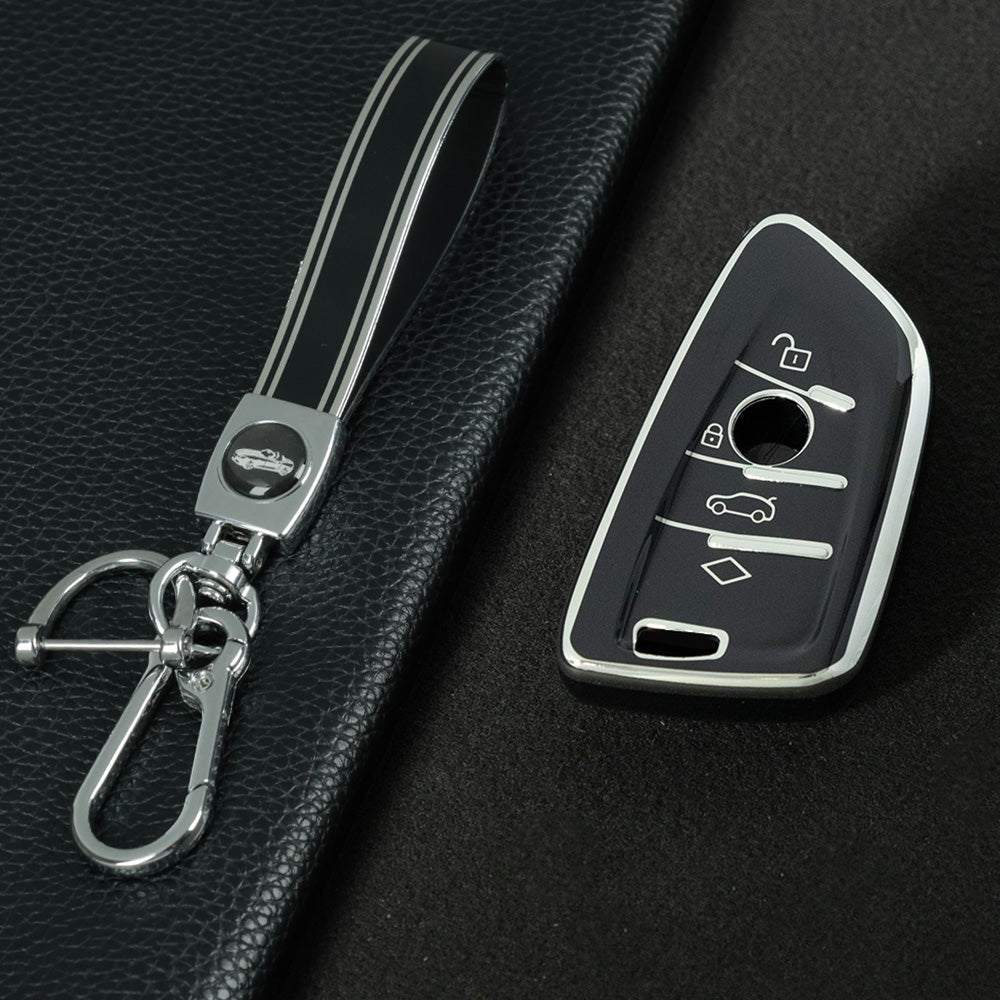 BMB1T1 Black-Silver Plating Car Key Cover For BMW 1 2 3 4 5 6 7 Series X1 X2 X3 X5 X6 X7 Smart Key Ring Holder Keychain Car Accessories