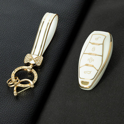 HND1T1 White-Gold Plating Car Key Cover For  Hongqi H5 Keycase, Brand New HQ9 Hongqi Car High-end Key case Buckle keychain