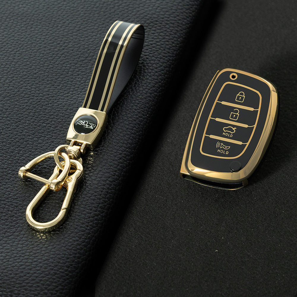 HYD3T1 Black-Gold Plating 4 Buttons Key Case TPU Car Key Cover Shell Fob for Hyundai Tucson Santa Fe Rena Sonata Elantra Creta Ix35 Ix45 I10 I30 I40