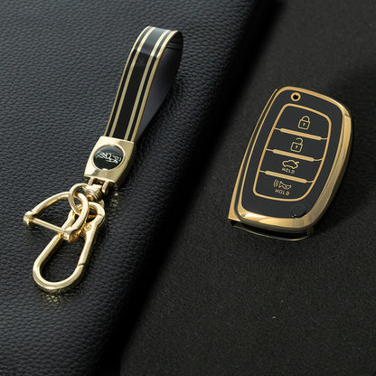 HYD3T1 Black-Gold Plating 4 Buttons Key Case TPU Car Key Cover Shell Fob for Hyundai Tucson Santa Fe Rena Sonata Elantra Creta Ix35 Ix45 I10 I30 I40