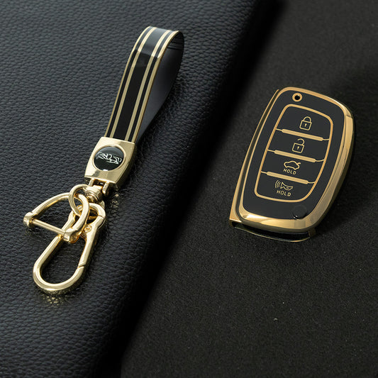HYD3T1 Black-Gold Plating 4 Buttons Key Case TPU Car Key Cover Shell Fob for Hyundai Tucson Santa Fe Rena Sonata Elantra Creta Ix35 Ix45 I10 I30 I40