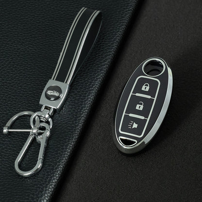 NIB2T1 Black-Silver Plating Car Key Cover TPU Car Key Case Cover Key Fob Cover for Nissan Leaf Micra Qashqai J11 J10 X Trail T32 Versa Note Patrol Accessories