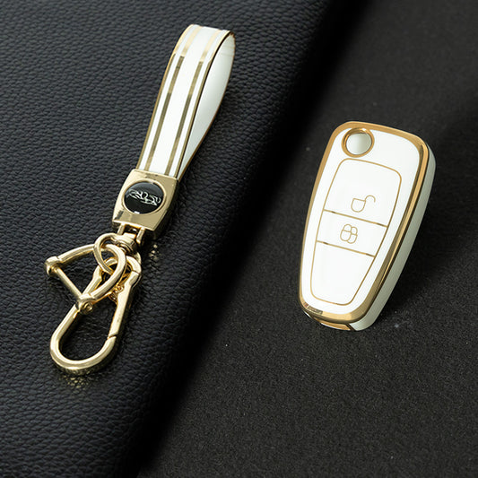 FOD3T1 White-Gold Plating Car Key Cover TPU Car Folding Key Case Cover Bag Keychain for Ford Focus C-Max S-Max Galaxy Mondeo Ranger Transit Tourneo Custom