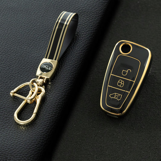 FOD3T1 Black-Gold Plating Car Key Cover TPU Car Folding Key Case Cover Bag Keychain for Ford Focus C-Max S-Max Galaxy Mondeo Ranger Transit Tourneo Custom