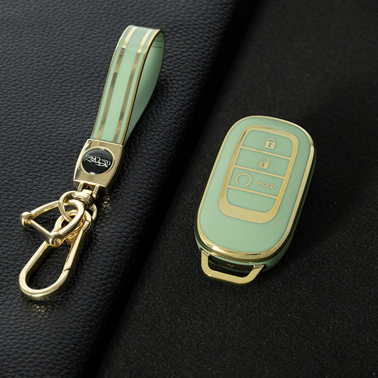 HOB3T1 Green-Gold Plating Car Key Cover TPU Remote Key Fob Cover 4-button Car Key Case Protective Accessories Suitable for Honda Accord Civic HR-V CR-V Pilot Odyssey
