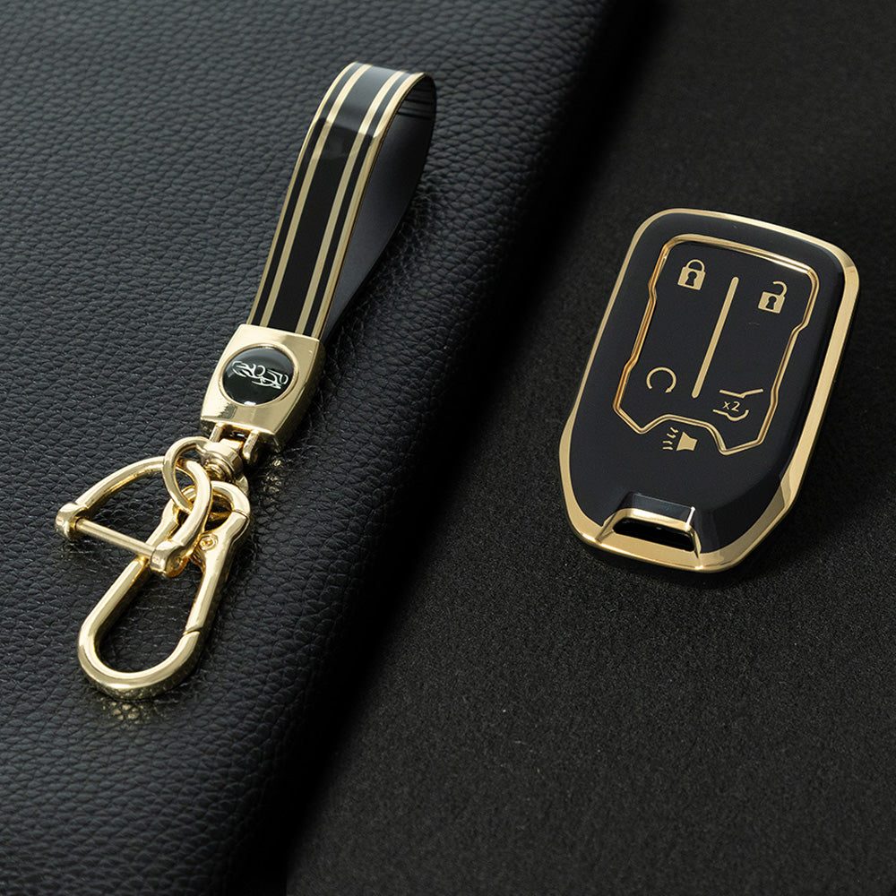 CEB3T1 Black-Gold Plating Remote Shell Fob Holder TPU Key Cover Case for Sierra Terrain Acadia Chevrolet Tahoe 2012-2016
