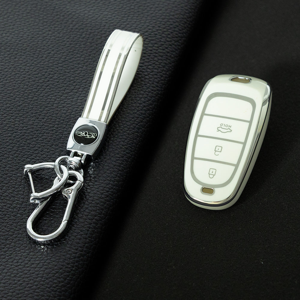 HYE1T1 White-Silver Plating Tpu Car Smart Key Case Cover for Hyundai Tucson Solaris Sonata Hybrid Nexo Nx4 Santafe Dn8 Keyless Protector Shell Accessories