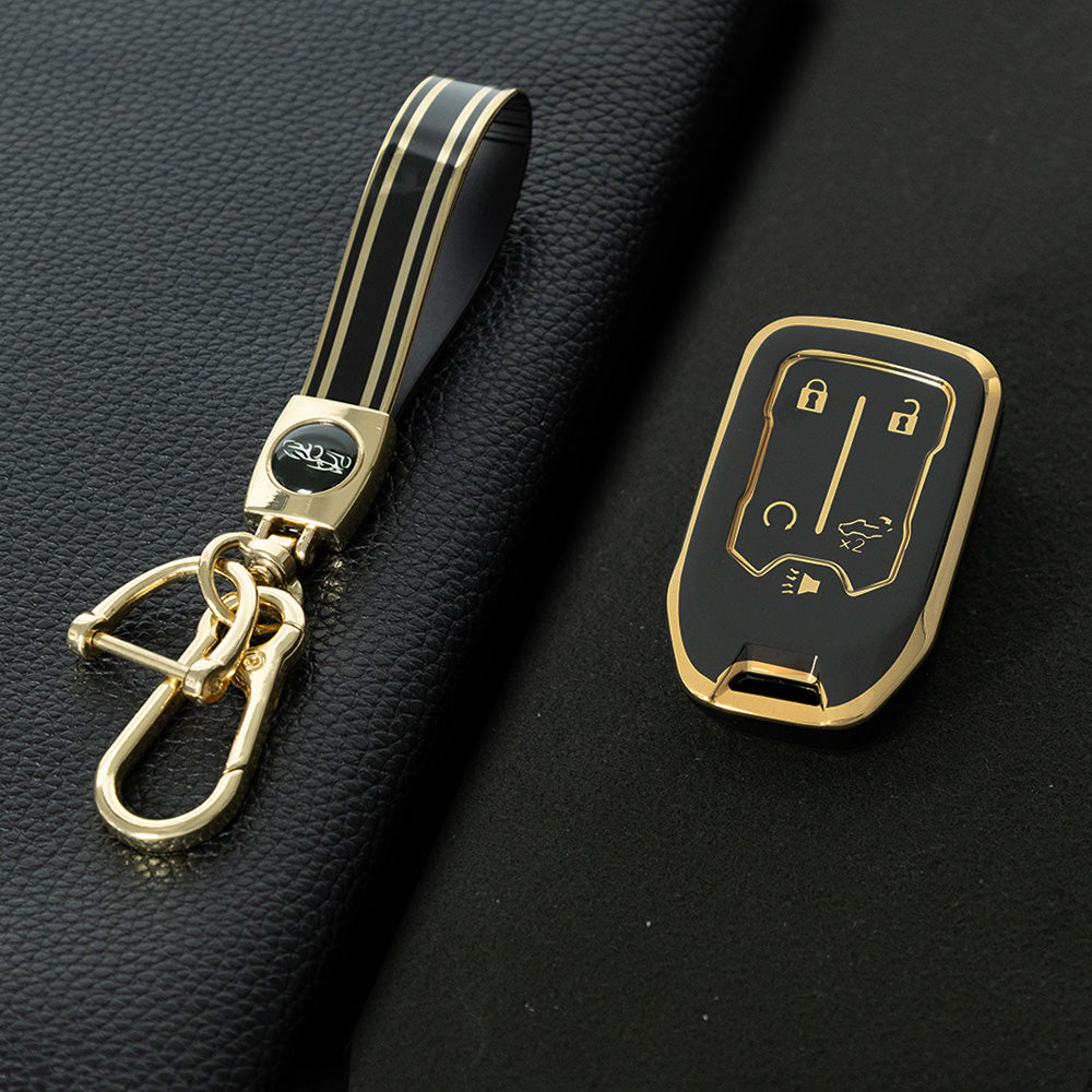 CEB1T1 Black-Gold Plating Remote Shell Fob Holder TPU Key Cover Case for Sierra Terrain Acadia Chevrolet Tahoe 2012-2016 for Car