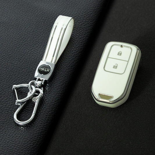HOA2T1 White-Silver Plating Car Key Cover 2/3/4/5-Button Full-Coverage TPU Key Cover for Honda CR-V/Accord/Civic/Fit/Jade/Odyssey - Anti-Scratch Protective Case