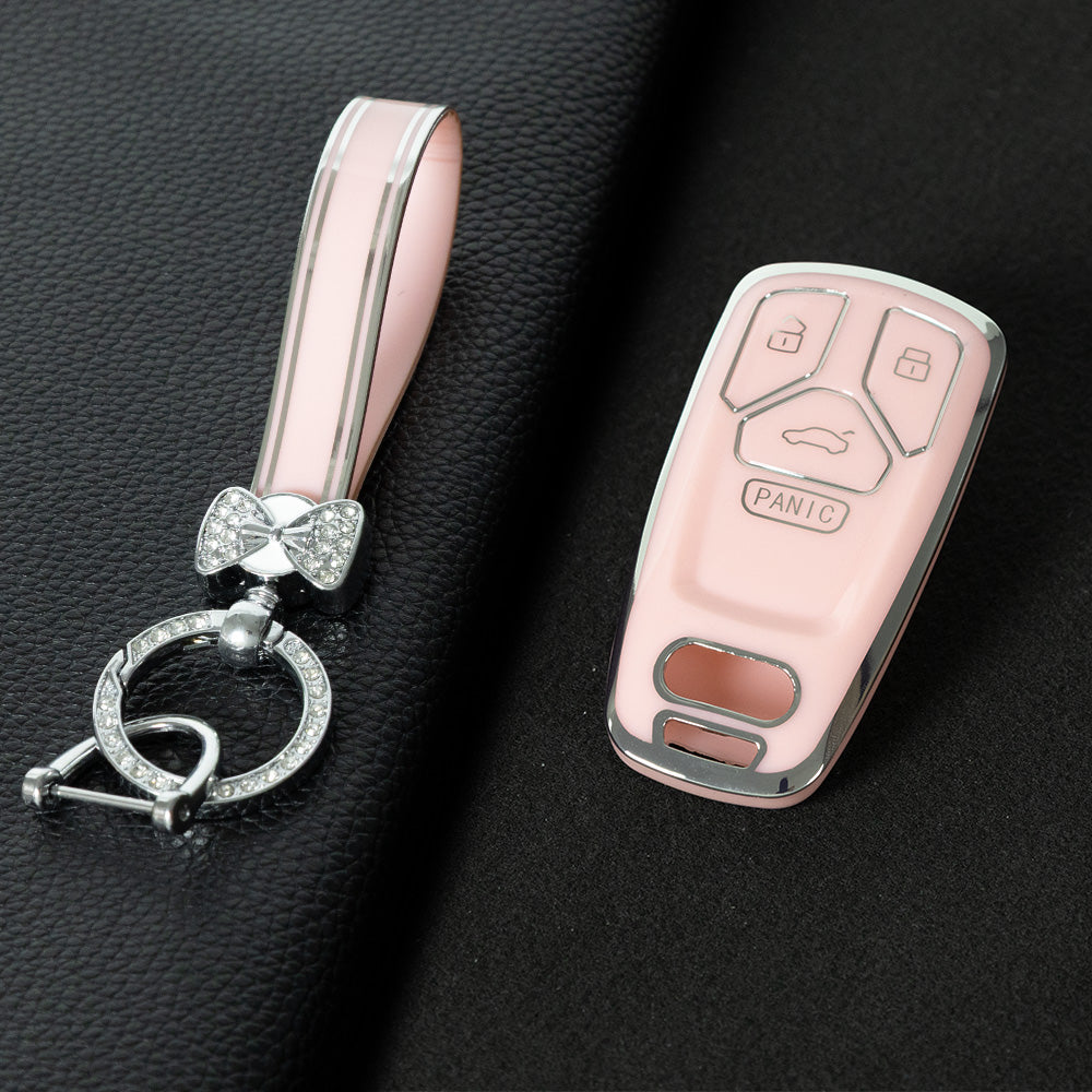 AUA3T1 Pink-Silver Plating Car Key Cover TPU Lightweight Car Key Cover Case Keychain Protector Fob for Audi Q7 A2 A4L Q5L A5 S4 TT TTS