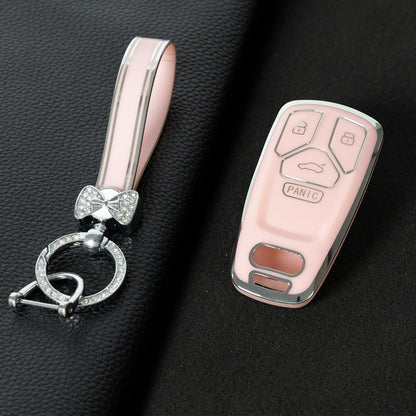AUA3T1 Pink-Silver Plating Car Key Cover TPU Lightweight Car Key Cover Case Keychain Protector Fob for Audi Q7 A2 A4L Q5L A5 S4 TT TTS