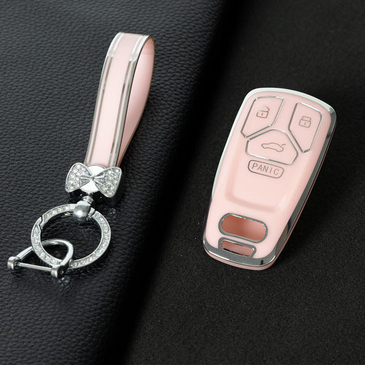 AUA3T1 Pink-Silver Plating Car Key Cover TPU Lightweight Car Key Cover Case Keychain Protector Fob for Audi Q7 A2 A4L Q5L A5 S4 TT TTS