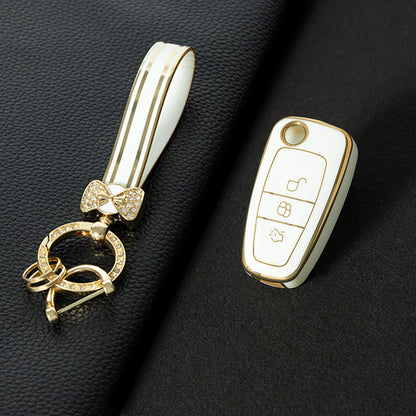 FOD1T1 White-Gold Plating Car Key Cover TPU Car Folding Key Case Cover Bag Keychain for Ford Focus C-Max S-Max Galaxy Mondeo Ranger Transit Tourneo Custom