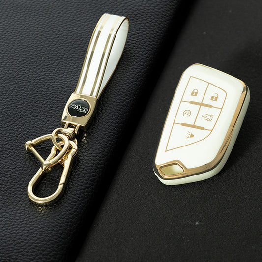 CAB1T1 White-Gold Plating TPU Premium Soft Car Key Case Cover Shell for Cadillac XT5 XT4 XT6 CT5 CT6 CT4 XTS ATSL SRX Key Ring Keychain Bag Accessory