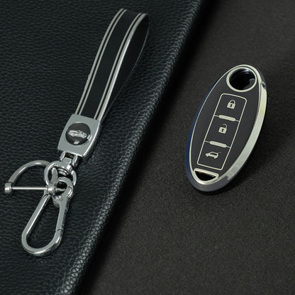 NIB3T1 Black-Silver Plating Car Key Cover High Quality Soft TPU 3-Button Popular Key Case Cover Shell for Nissan Patrol Tiida Qashqai X-Trail Juke Navara Car Accessory