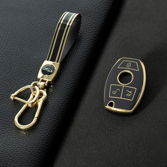 MEC1T1 Black-Gold Plating Car Key Cover Premium Soft TPU Car Key Case Cover Shell for Mercedes Benz C260L C200L A180L GLC260 GLA E300l CLASS Key Rings Keychain Bag