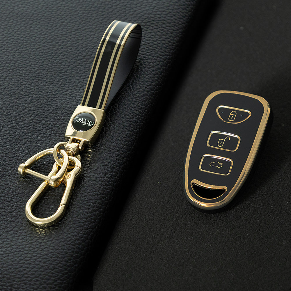 HYJ2T1 Black-Gold Plating New TPU Car Key Case Cover Shell for Hyundai Kia Tucson Sonata Santa FE Carens