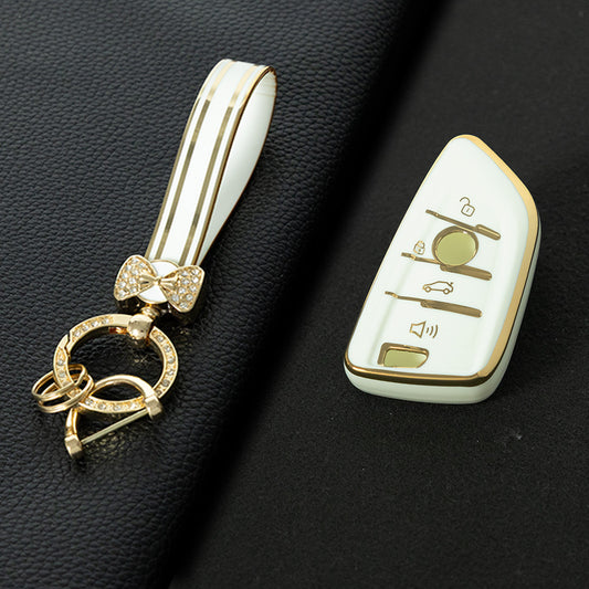 BMB3T1 White-Gold Plating Car Key Cover For BMW 1 2 3 4 5 6 7 Series X1 X2 X3 X5 X6 X7 Smart Key Ring Holder Keychain Car Accessories
