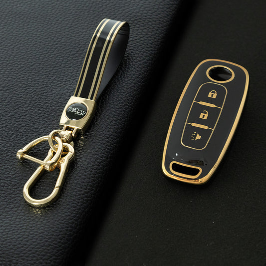 NIA5T1 Black-Gold Plating TPU Car Key Cover Key Fob Holder Suitable for Nissan Sylphy Bluebird Teana X-Trail Murano GTR