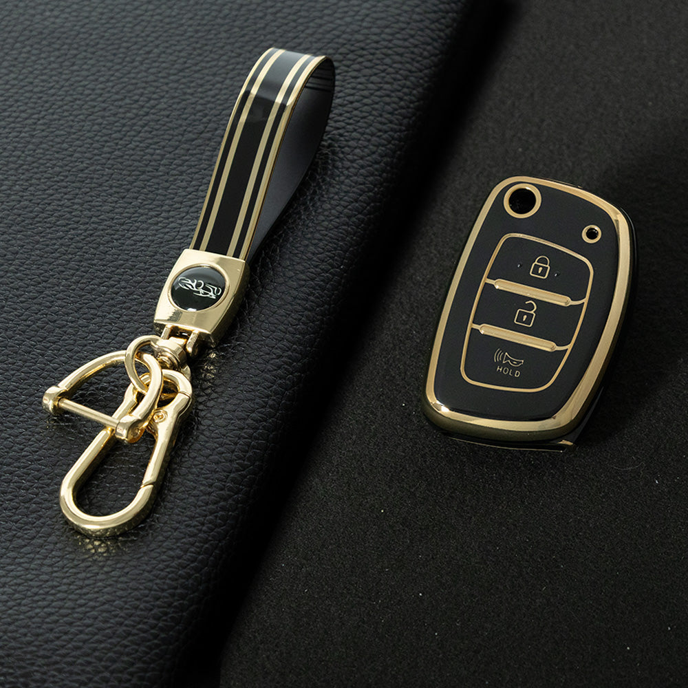 HYF4T1 Black-Gold Plating TPU Car Key Case Cover  for Hyundai Elantra Sonata Kia Forte Optima Spectra 3 Button Protector
