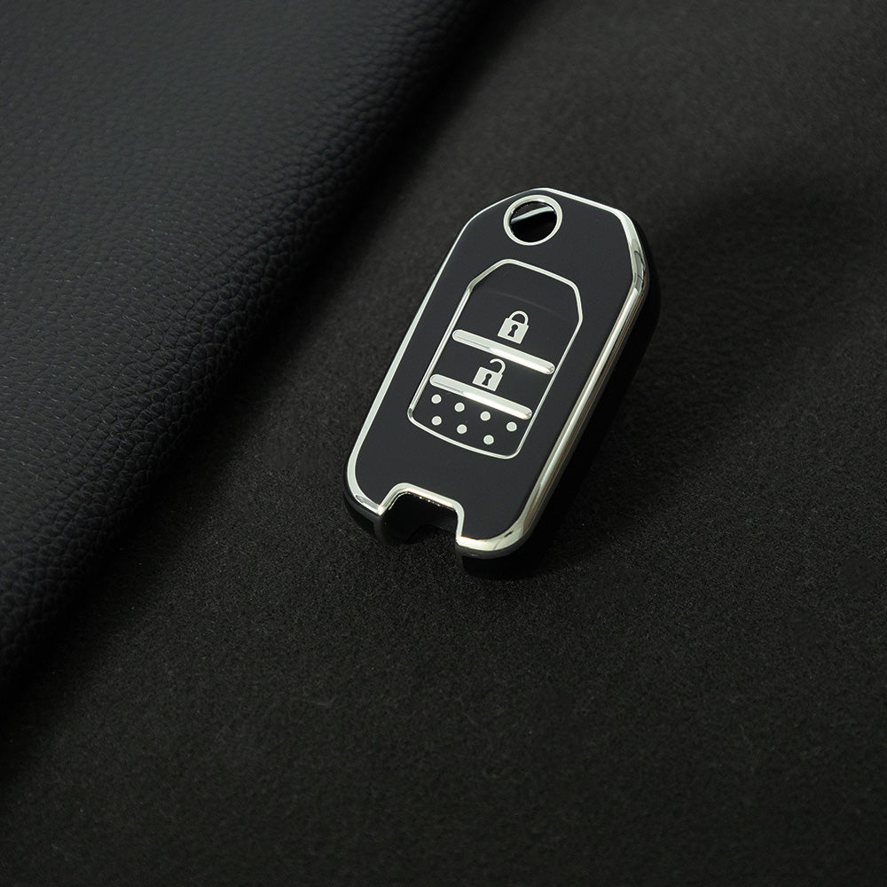 HOC2T1 Black-Silver Plating Car Key Cover For Honda Accord Civic CR-V HR-V HRV Crider Jade Odyssey Car TPU Folding Key Cover Bag Case Shell Holder Protector 2 Buttons