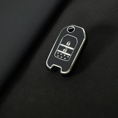 HOC2T1 Black-Silver Plating Car Key Cover For Honda Accord Civic CR-V HR-V HRV Crider Jade Odyssey Car TPU Folding Key Cover Bag Case Shell Holder Protector 2 Buttons