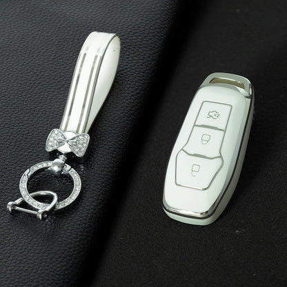 FOU3T1 White-Silver Plating Soft Shell Fob Holder TPU Car Key Cover Case for Ford Fusion Mondeo Mustang F-150 Explorer Edge 2015 2016