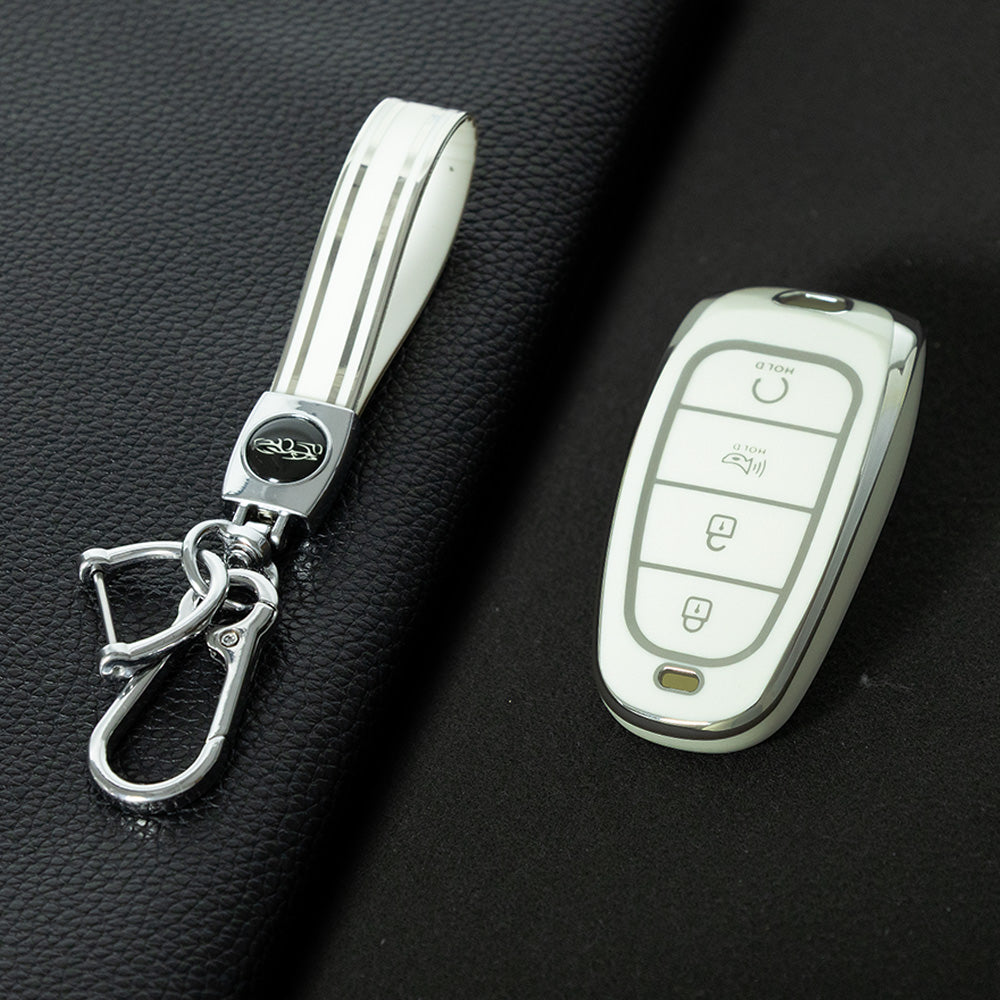 HYE6T1 White-Silver Plating TPU Car Key Case Cover for Hyundai Tucson 2022 Santa Fe NEXO NX4 Atos Prime Solaris