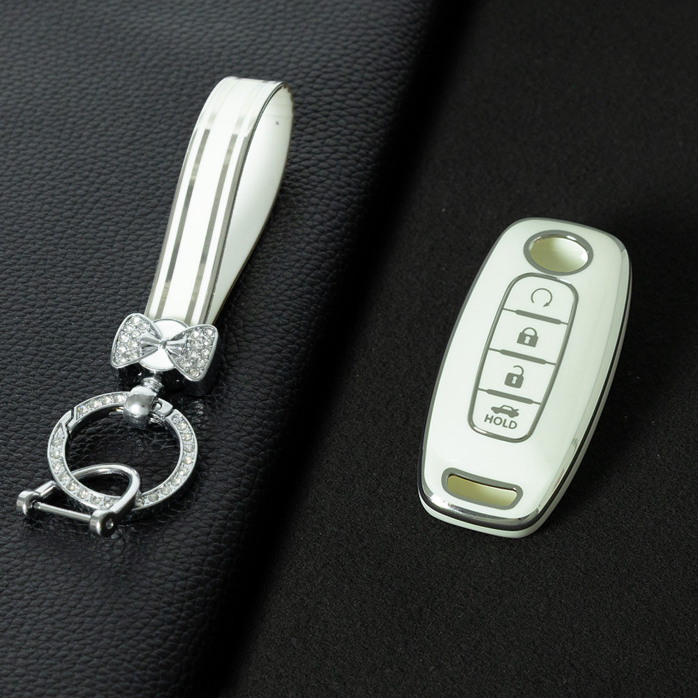 NIA7T1 White-Silver Plating TPU Car Key Cover Fob Holder Suitable for Nissan Sylphy Bluebird Teana X-Trail Murano GTR