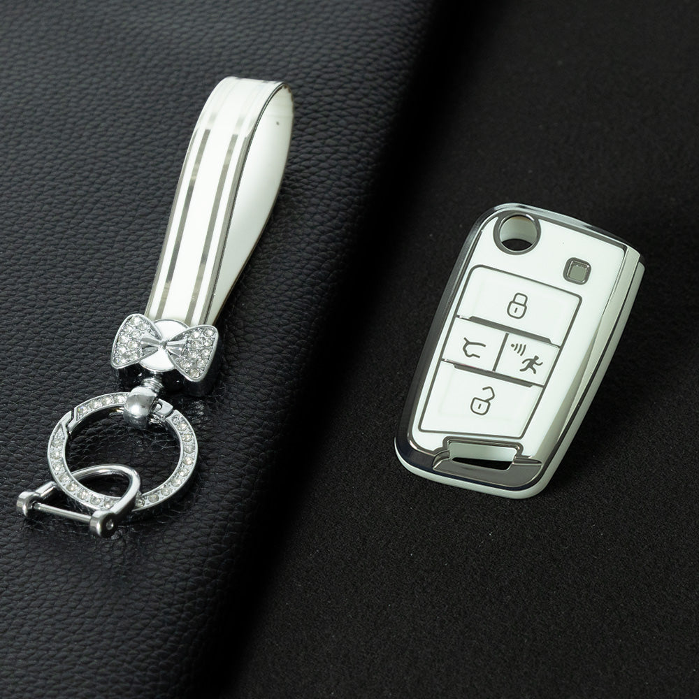 VOA2T1 White-Silver Plating Suitable for Volkswagen car key cover case Sagitar Tiguan L Bora polo Tayron Lavida Lamando Golf T-Roc TACQUA Tharu