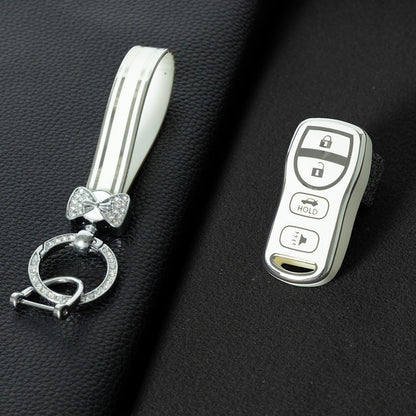 NIJ2T1 White-Silver Plating TPU Car Key Cover for Nissan 350Z Maxima Sentra Armada Titan Kicks Murano