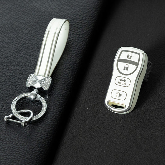 NIJ2T1 White-Silver Plating TPU Car Key Cover for Nissan 350Z Maxima Sentra Armada Titan Kicks Murano