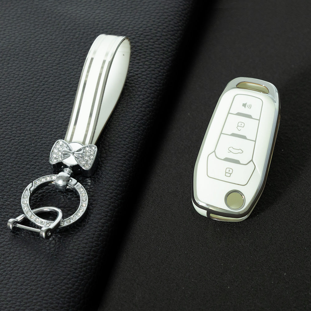 FOA7T1 White-Silver Plating Car Key Cover for Ford Fusion Fiesta Escort Mondeo Everest Ranger