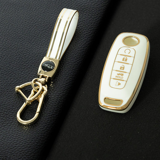 NIA3T1 White-Gold Plating TPU Car Key Cover Soft Key Shell Fob Holder Suitable for Nissan Sylphy Bluebird Teana X-Trail Murano GTR
