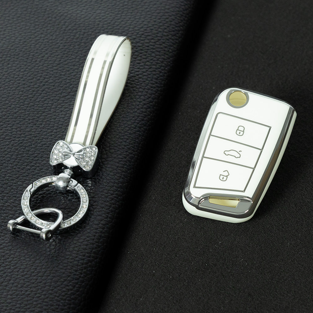 VOF1T1 White-Silver Plating TPU Premium Soft Car Key Case Cover Shell for Volkswagen Tiguan L Lavida Plus Golf 7 Polo Skoda Key Rings Keychain Bag Accessory